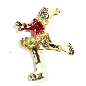 Vtg Ice Follies Faux Enamel Gold Tone  Pearl Skater Girl Pin Brooch